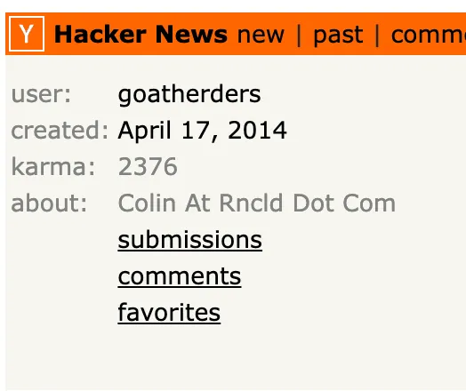 Hacker News profile page for the user goatherders, created April 17, 2014, with 2,376 karma