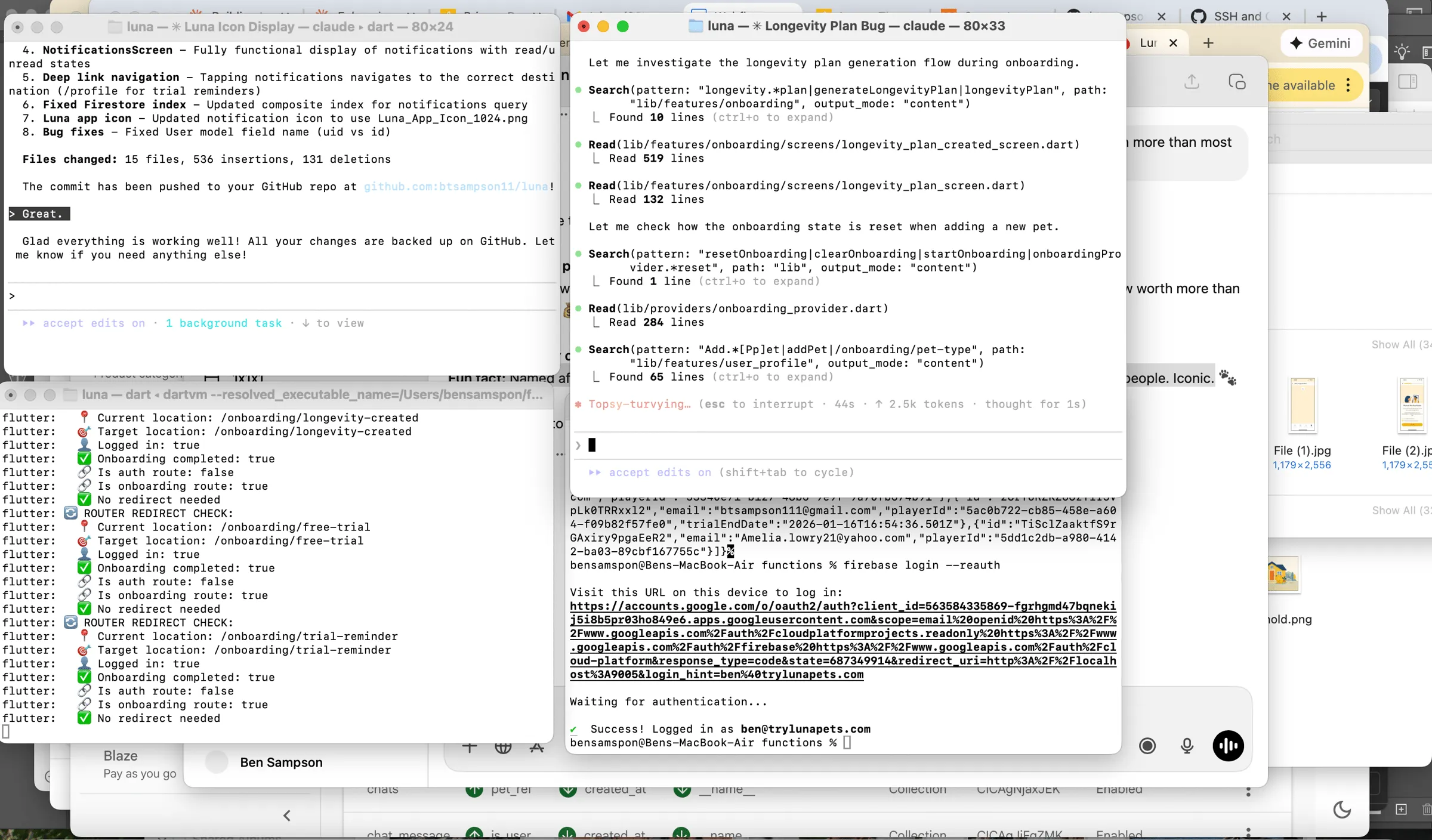 A 13-inch laptop screen covered in terminal windows running coding sessions