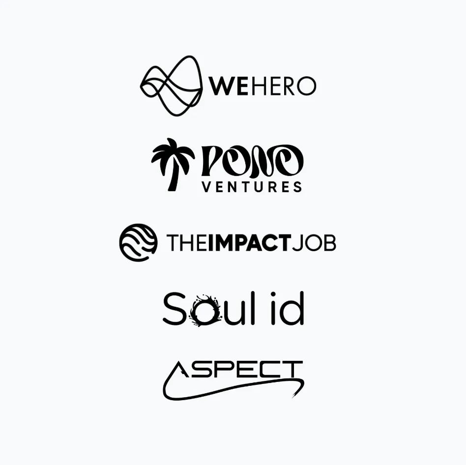 Logos of Ben’s businesses: WeHero, Pono Ventures, The Impact Job, Soul id, and Aspect