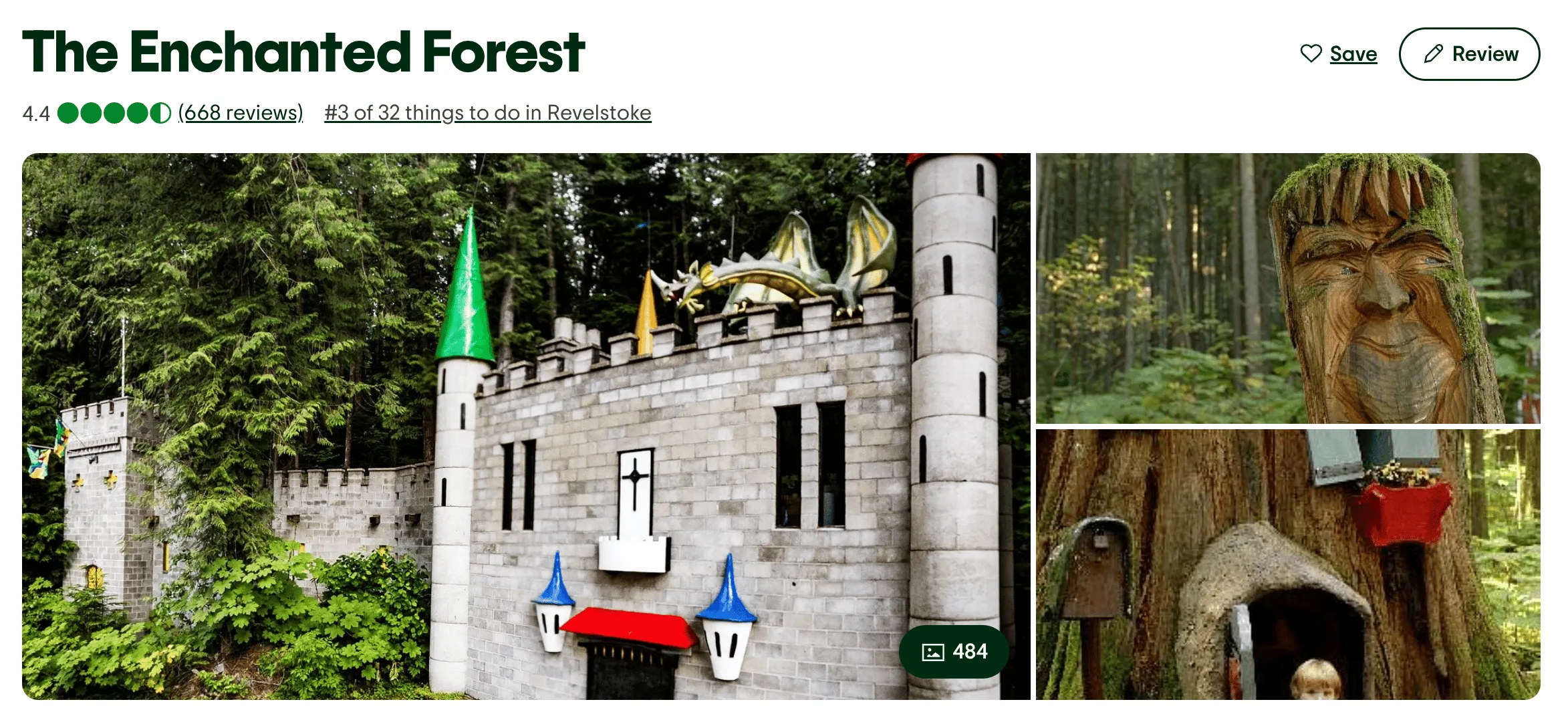 Online listing for The Enchanted Forest attraction in Revelstoke, showing a castle facade with a dragon and carved tree-face sculptures