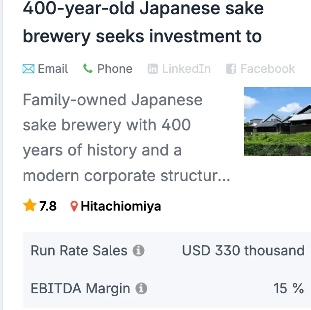 Business-for-sale listing for a 400-year-old family-owned Japanese sake brewery in Hitachiomiya seeking investment