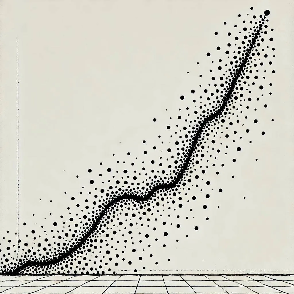 Abstract black-and-white illustration of scattered dots forming an upward, hockey-stick growth curve