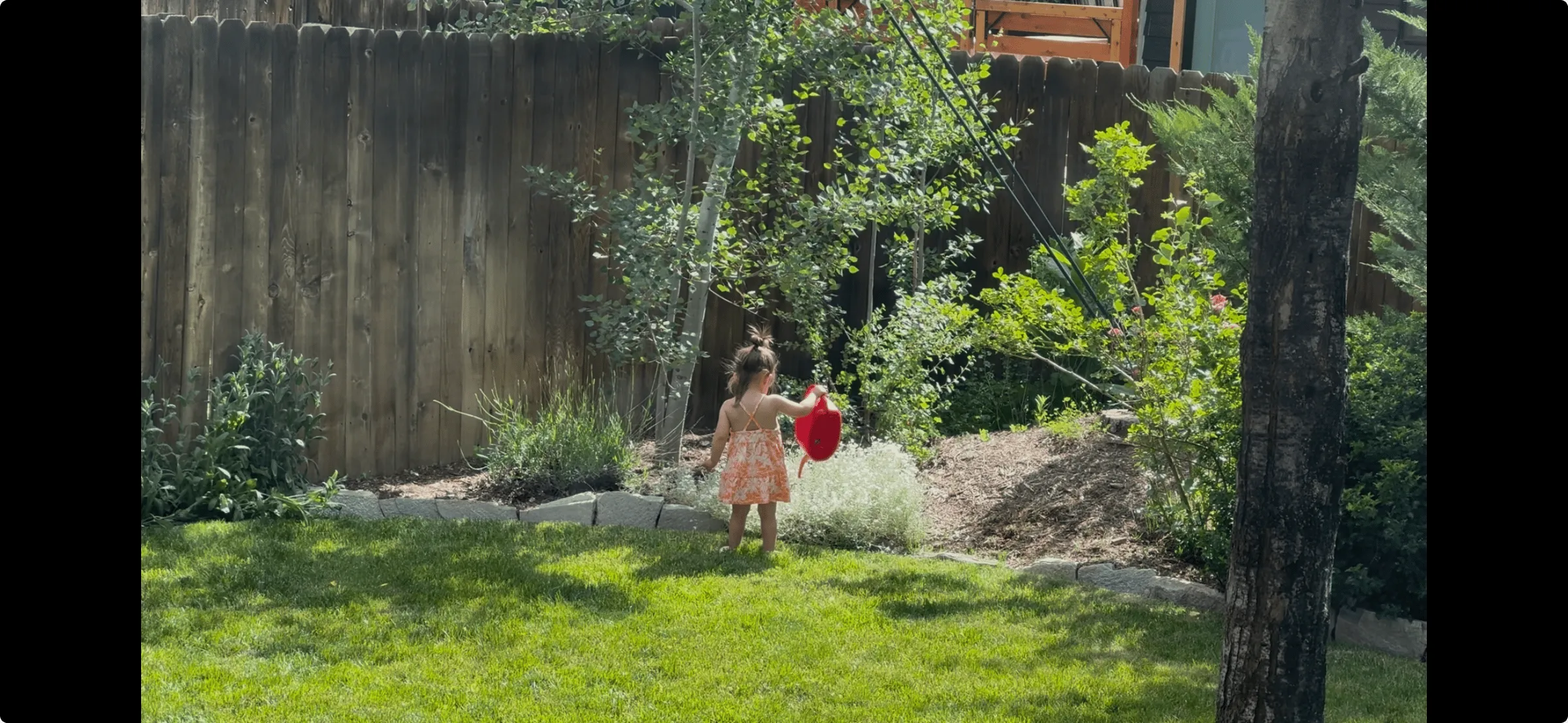 Toddler girl walking through the backyard garden holding a small red toy