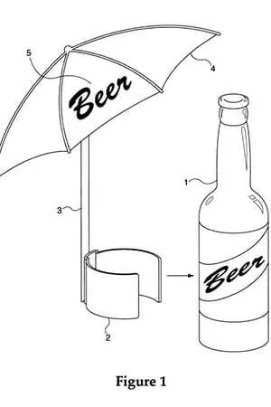 Patent Figure 1 drawing of a beer-bottle umbrella, showing a small umbrella labeled “Beer” attached by a holder that clips onto a beer bottle