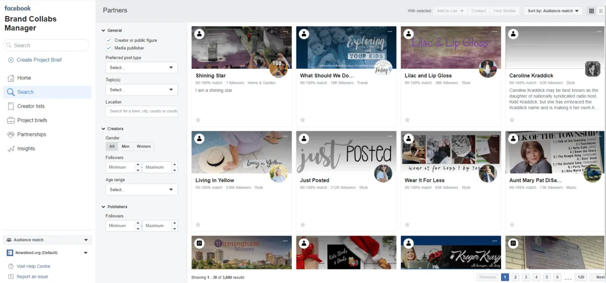 Screenshot of Facebook Brand Collabs Manager showing a grid of creator profiles with audience-match percentages and follower counts