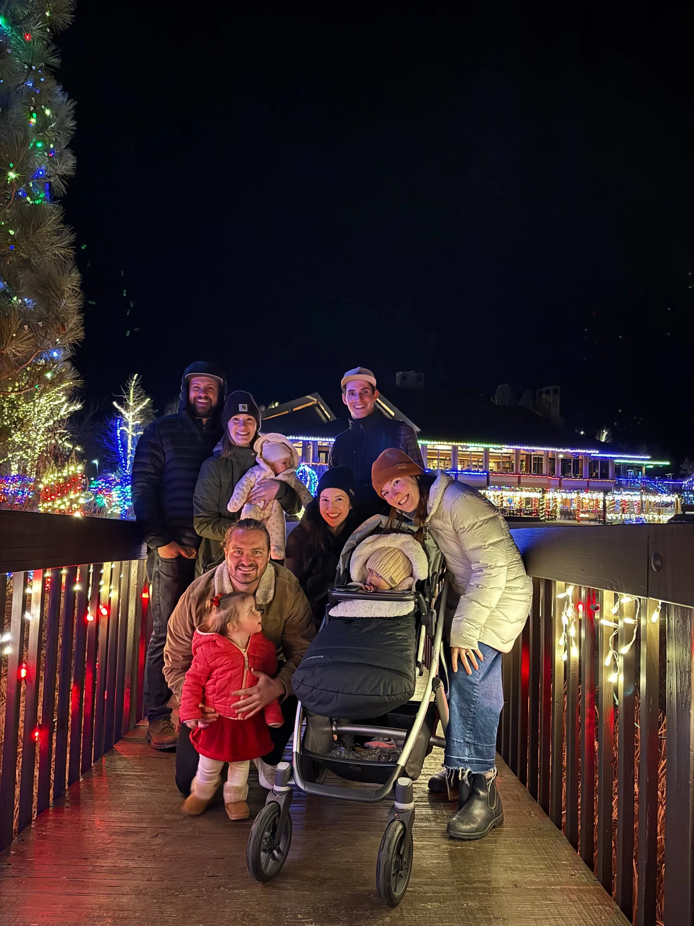 Group of friends and their young children bundled up at night in front of a holiday lights display