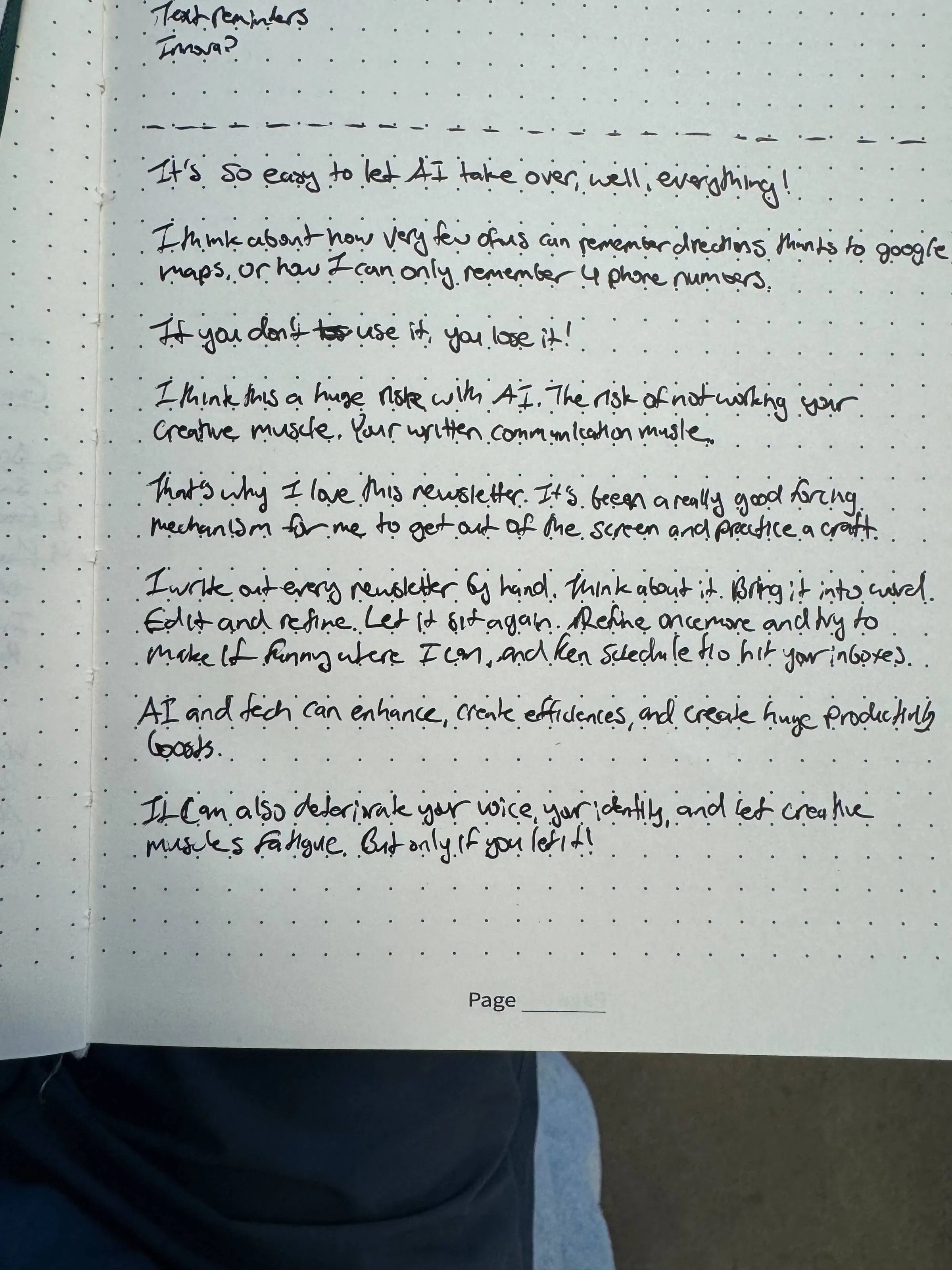 Handwritten journal page on dotted paper with notes about not letting AI atrophy your creative and written communication muscles