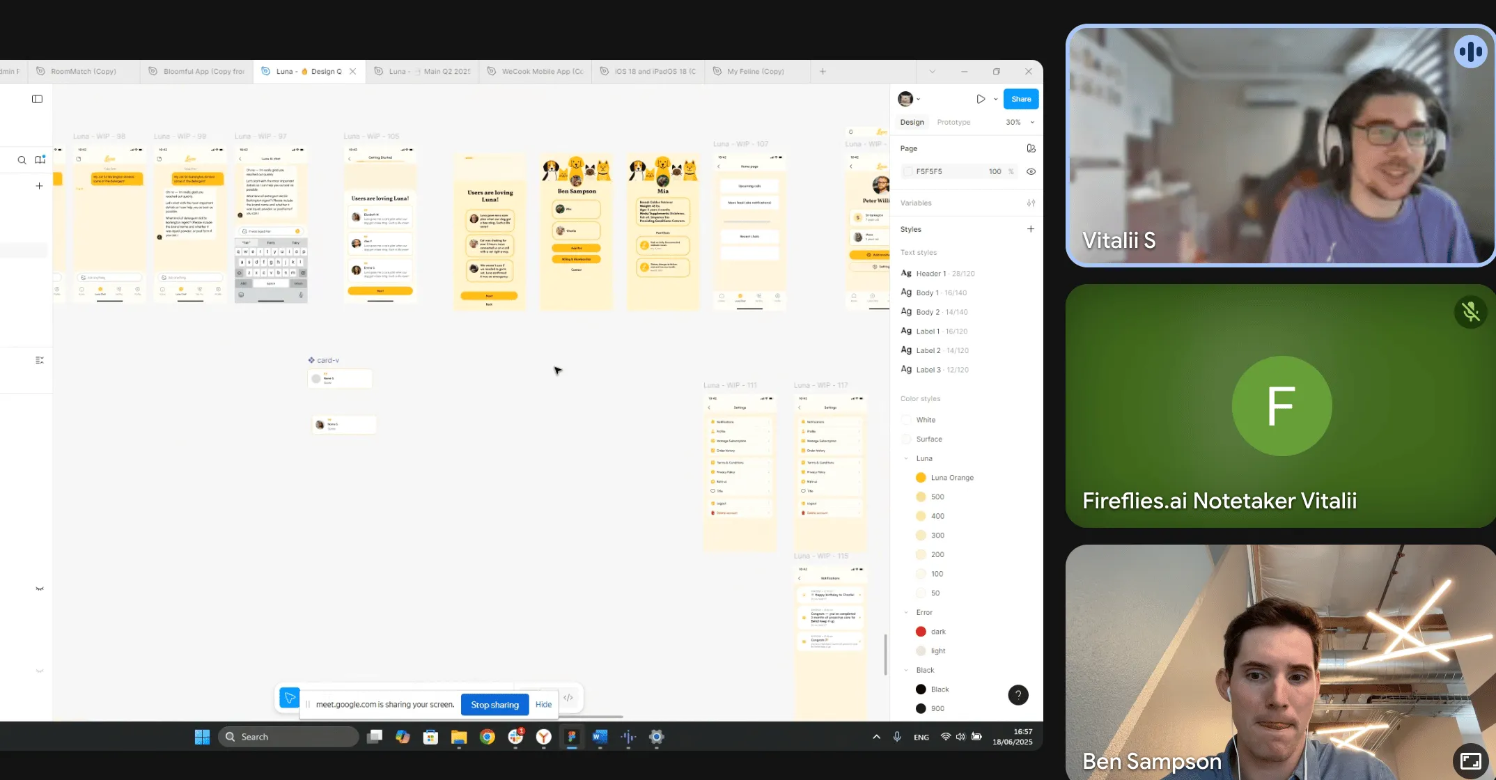 Screen share of a Figma board packed with dozens of Luna app mockups during a video call