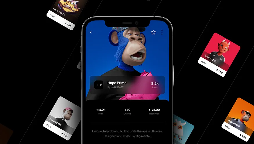 NFT wallet app screen in dark mode