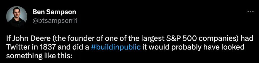 Screenshot of Ben’s build-in-public thread about John Deere shared on social media