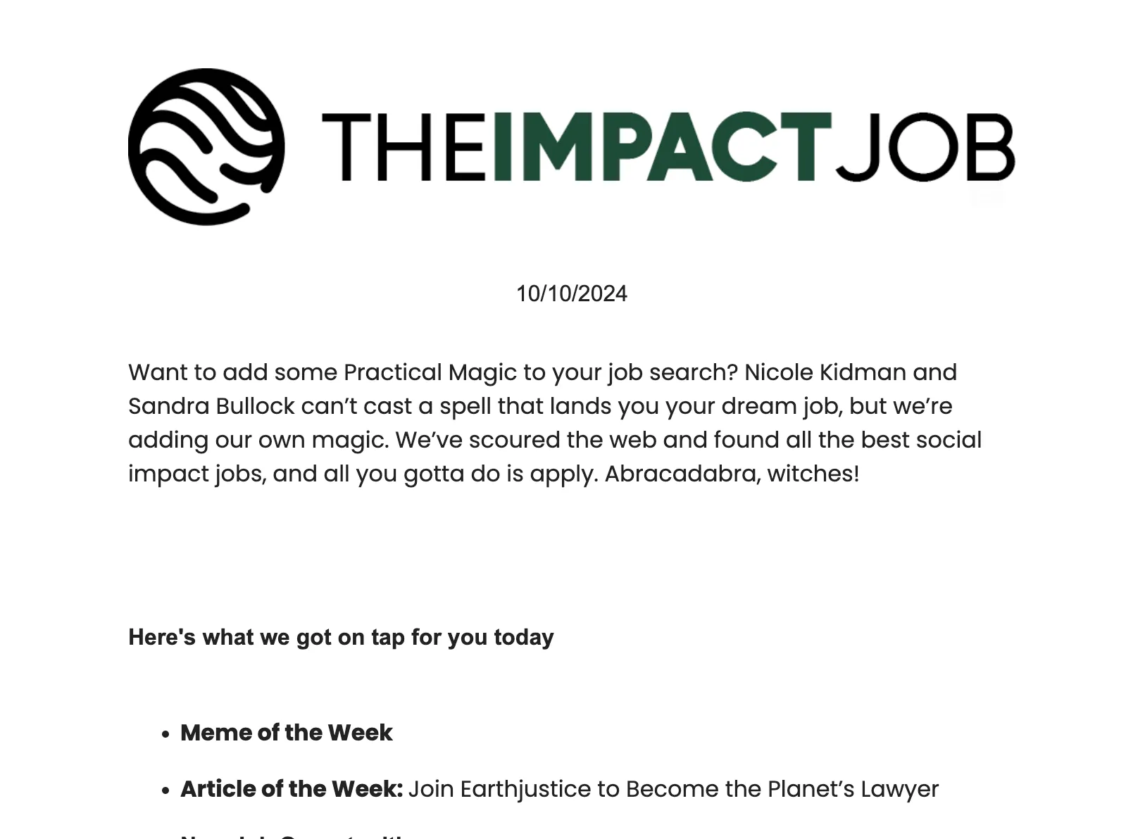 The Impact Job weekly newsletter highlighting top jobs