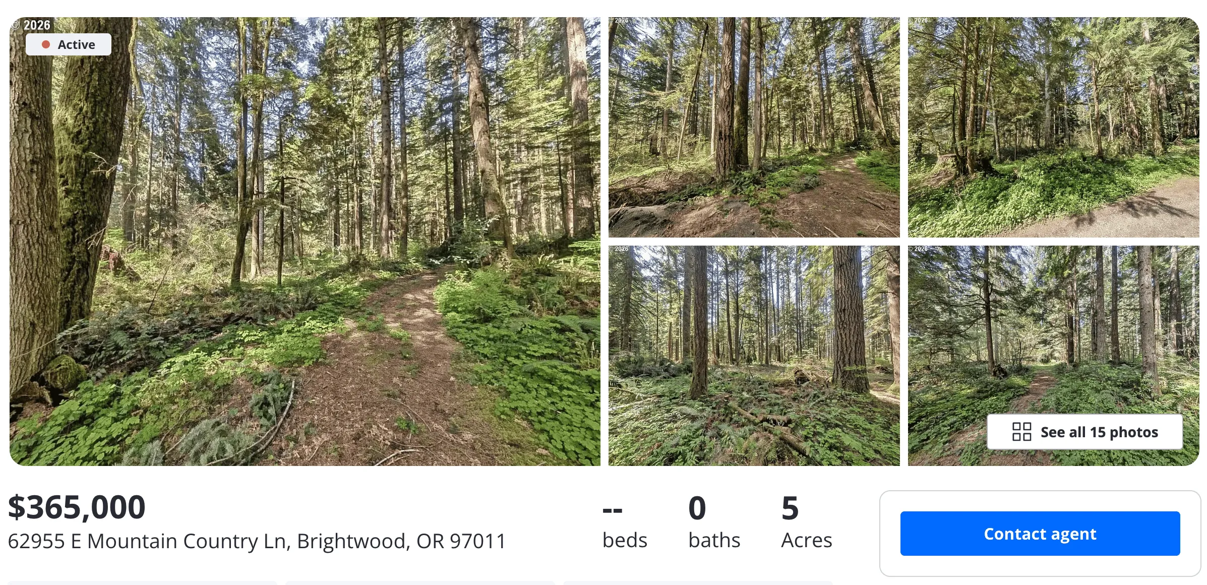 Real estate listing for a forested 5-acre lot priced at $365,000