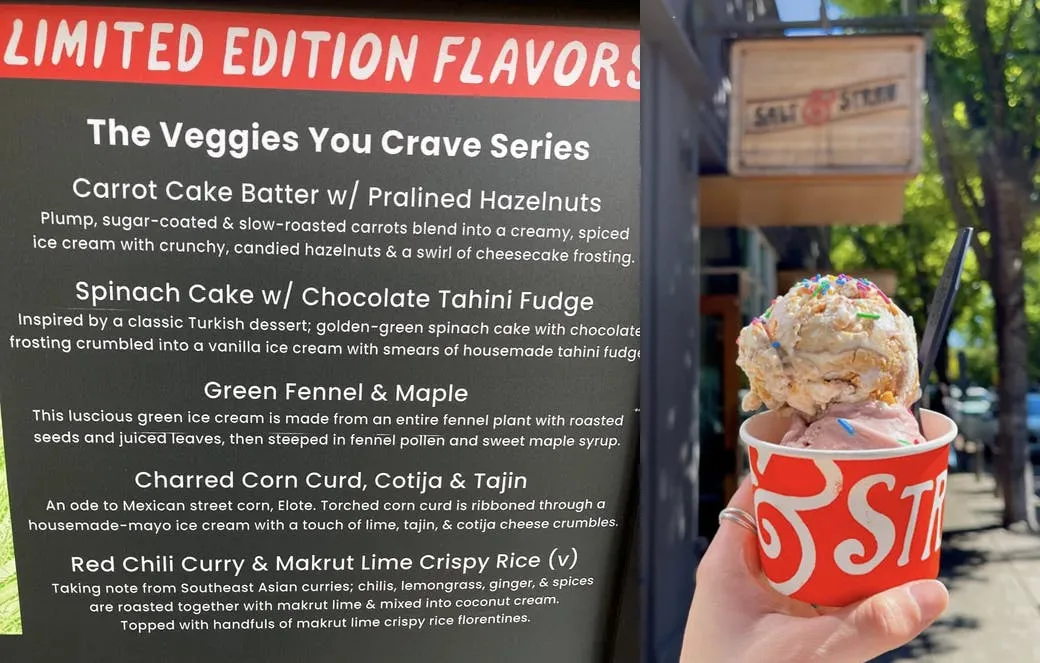 A Salt &amp; Straw “Veggies You Crave” limited-edition flavor menu beside a hand holding a red cup of ice cream topped with sprinkles