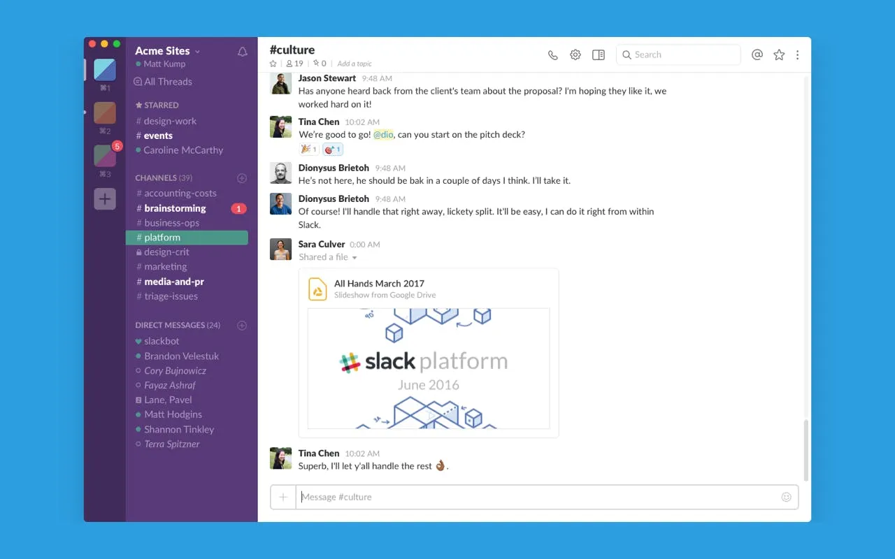 A screenshot of the Slack app showing a #culture channel with a team conversation and a shared file
