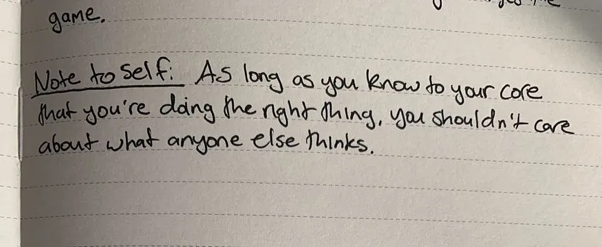 Note to self written on a notecard about doing the right thing