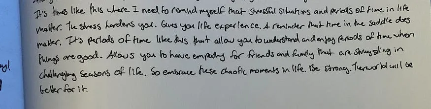 Note to self written on a notecard about embracing stress and hard seasons