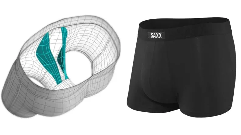 A cutaway diagram of SAXX’s built-in pouch technology next to a pair of black SAXX boxer briefs