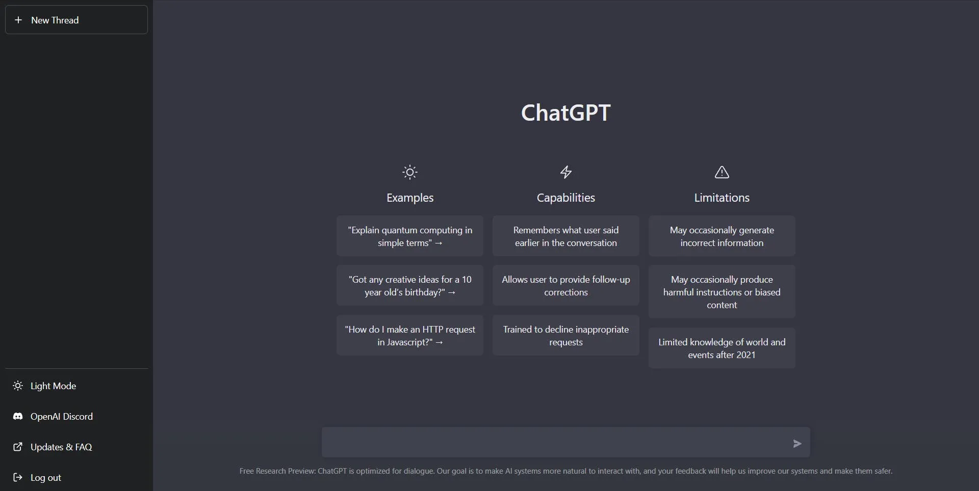 A screenshot of the early ChatGPT interface with Examples, Capabilities, and Limitations columns