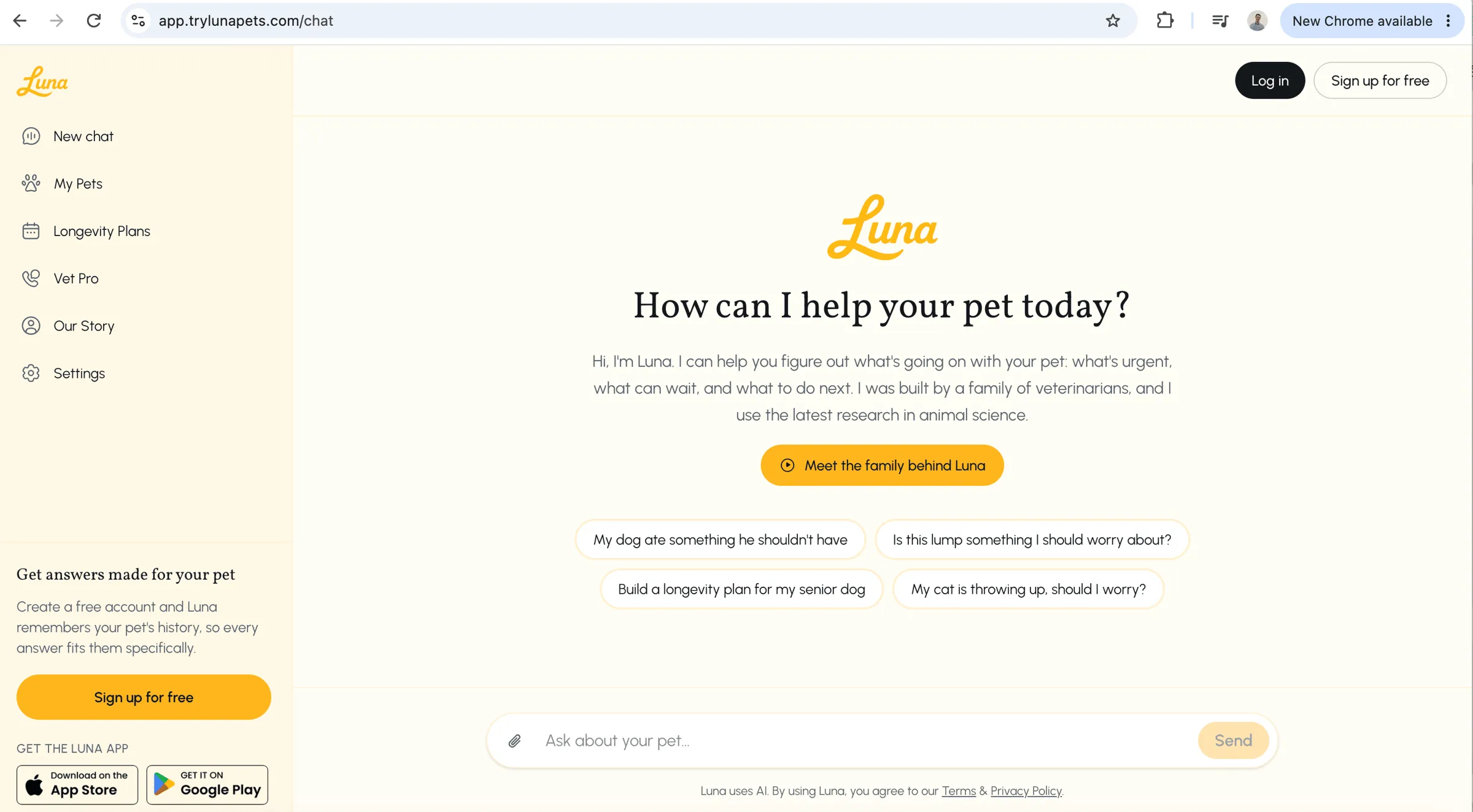 The Luna for web chat page asking āHow can I help your pet today?ā with suggested questions and a message box to ask about your pet