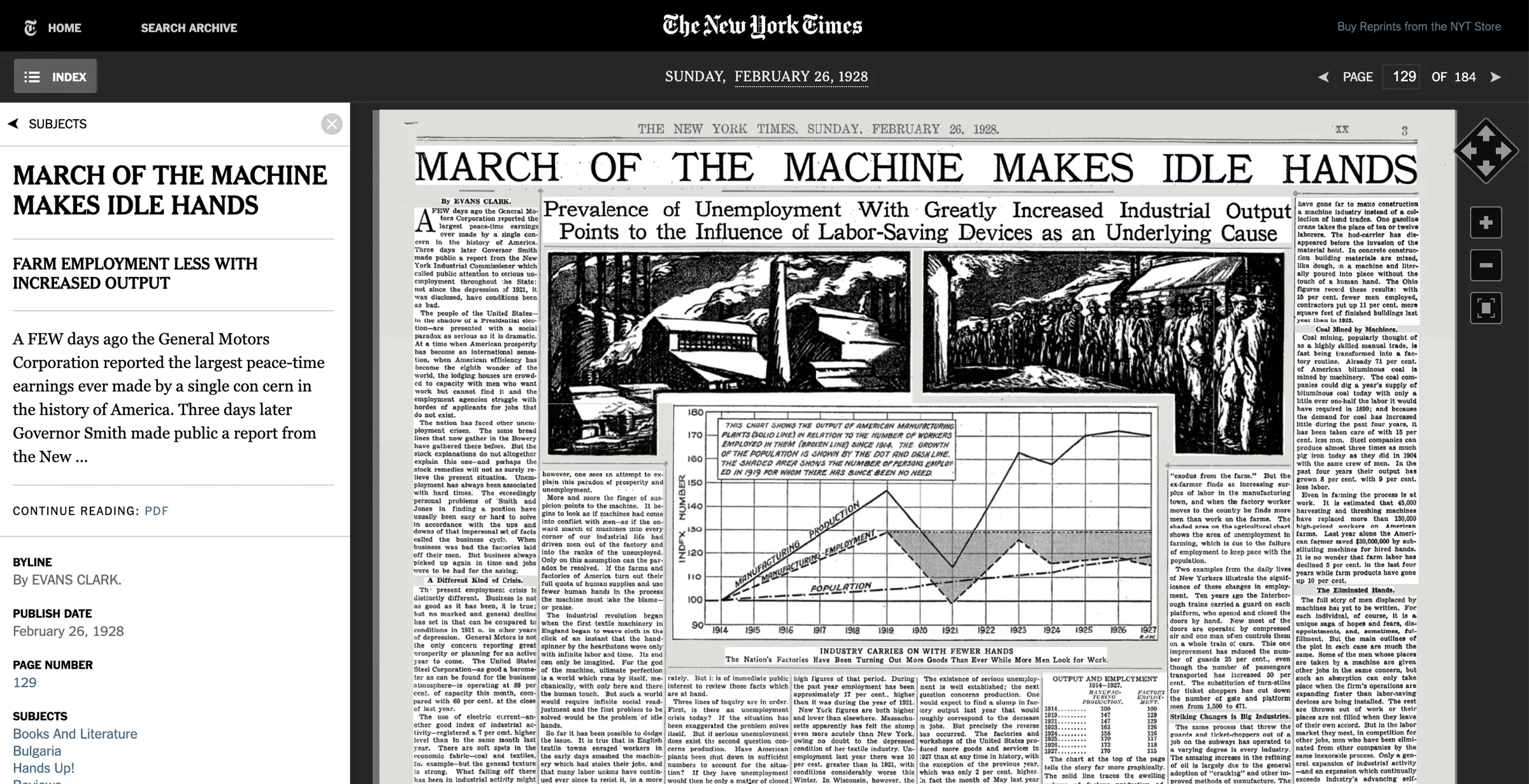 A New York Times archive page from February 26, 1928 with the headline âMarch of the Machine Makes Idle Handsâ above woodcut illustrations of factories and a chart of manufacturing output versus employment