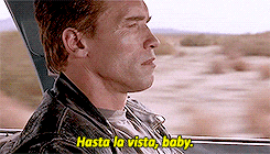 The Terminator driving through the desert in sunglasses with the caption âHasta la vista, babyâ