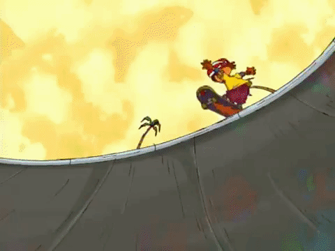 Otto from Rocket Power skateboarding up a half-pipe against a bright yellow sky