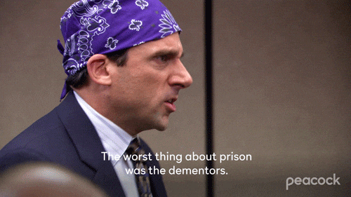 The Office GIF of Prison Mike in a bandana saying “The worst thing about prison was the dementors.”