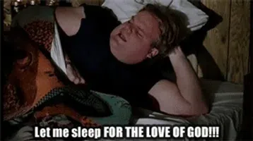 Animated Tommy Boy clip of Chris Farley lying in bed and shouting โLet me sleep FOR THE LOVE OF GOD!!!โ